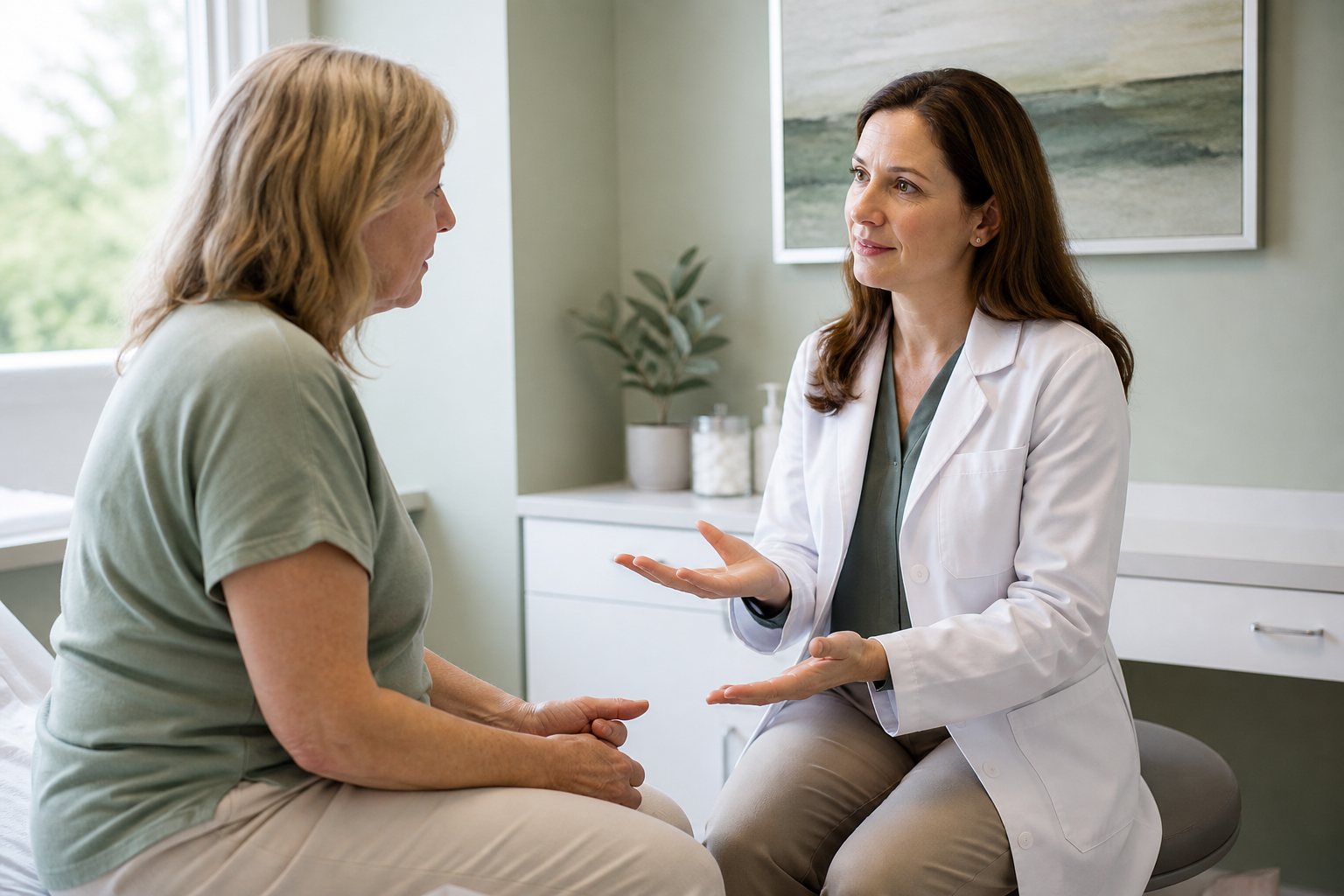 A rheumatologist speaking with a patient during an office consultation