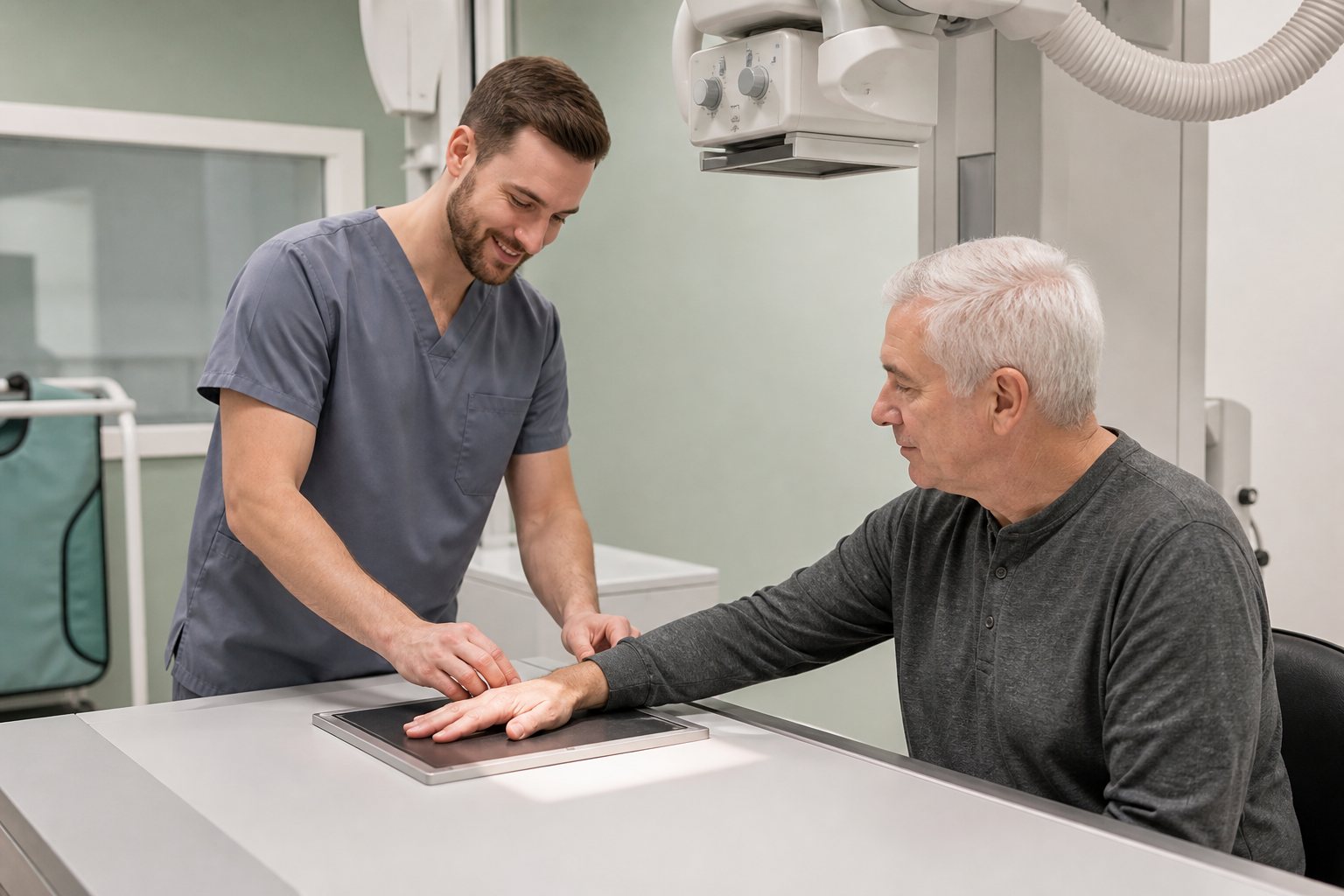 A radiologic technologist positioning a patient for a hand X-ray